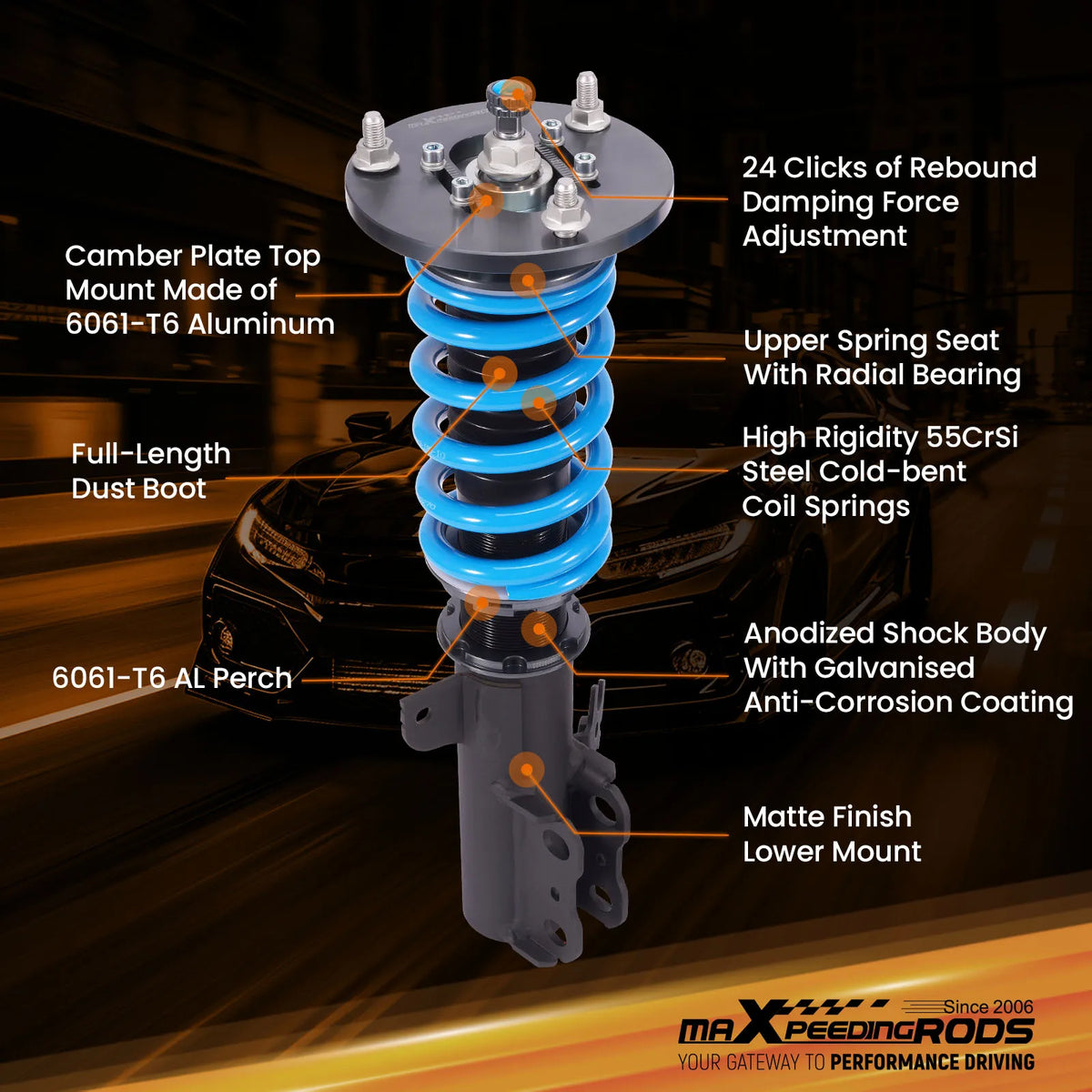 MaXpeedingrods T6 Coilovers for Toyota Camry 1992-2001, Solara 1999-2003, Avalon 1995-2003 and Lexus ES300