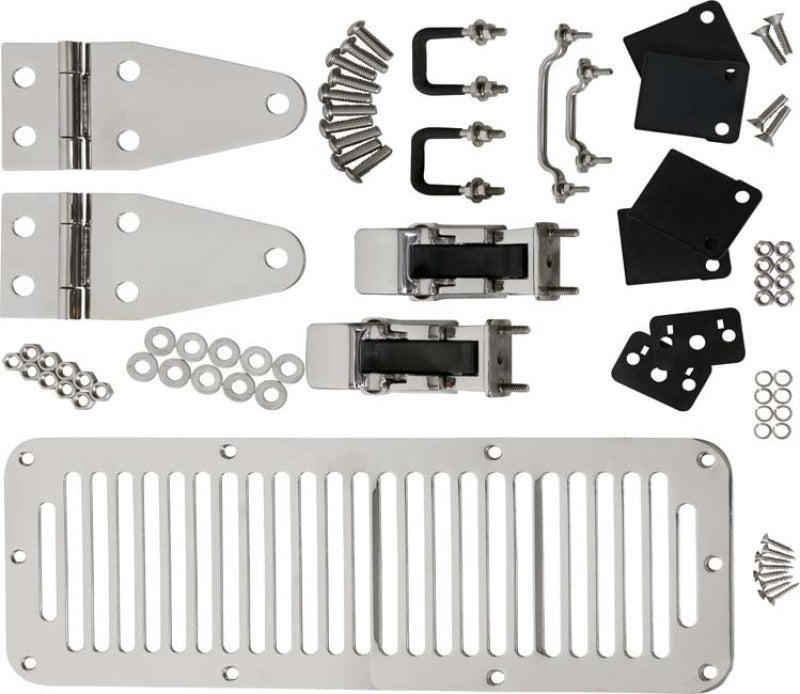 Kentrol 78-95 Jeep CJ/Wrangler YJ Hood Kit With TJ Style Hood Catch - Polished Silver 30570