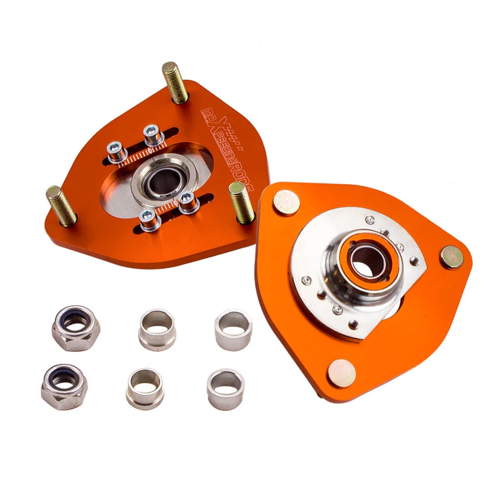 Pair of gold adjustable pillow ball front camber plates for the 1995-1998 Nissan 240SX S14 and S13 chassis