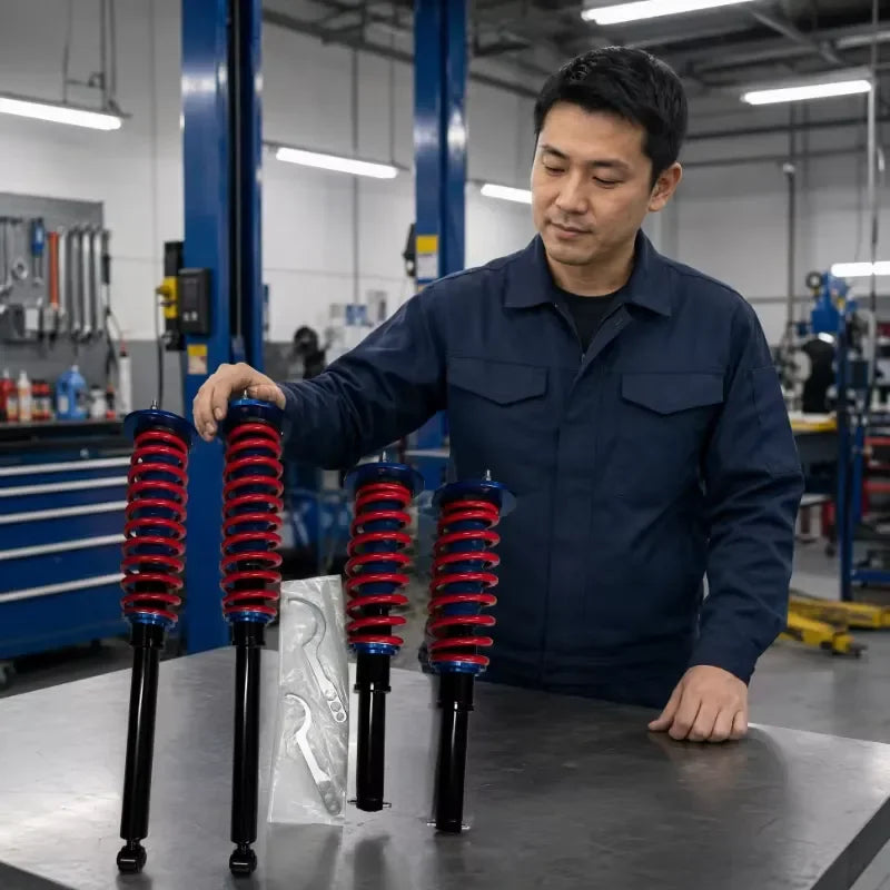 Air suspension to coilover conversion strut with red coil spring and gas-filled shock for Mercedes-Benz W221 4Matic