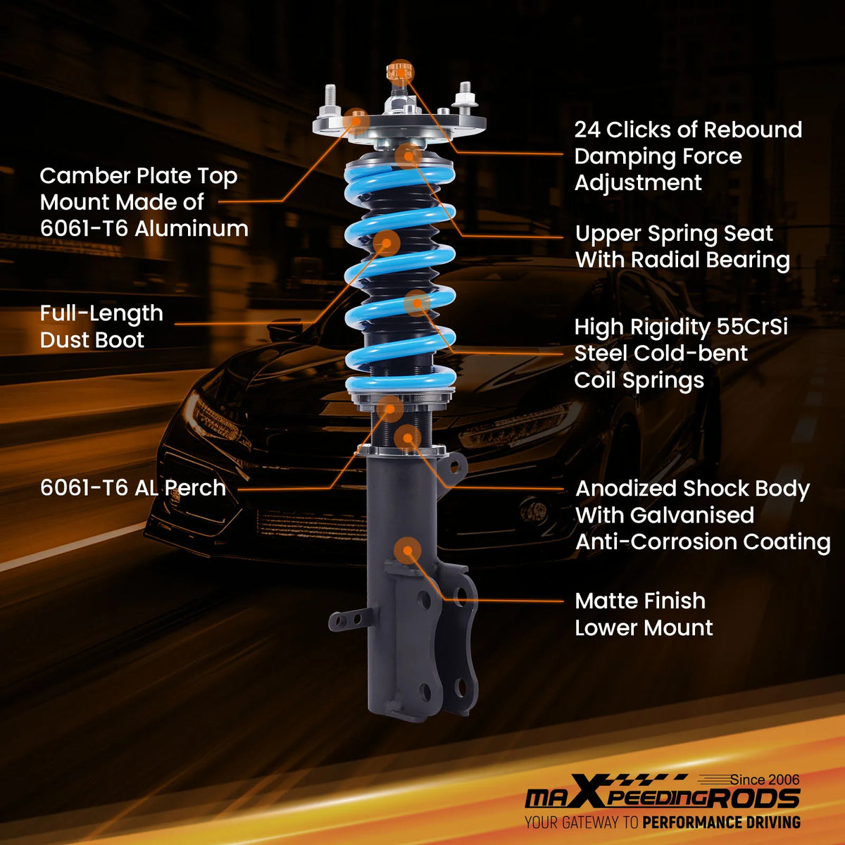 MaXpeedingrods T6 Coilovers for Dodge Caliber 2007-2012, Jeep Compass and Patriot MK, 24-Way Damping