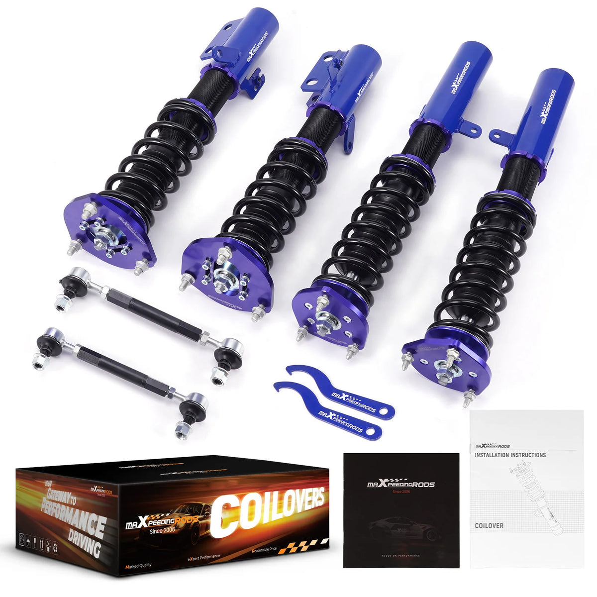 MaXpeedingrods coilovers with blue bodies and black springs for the 2007-2011 Toyota Camry