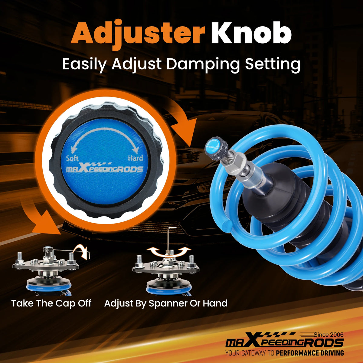 MaXpeedingrods T6 coilovers with black bodies and blue springs for the 2017-2022 Honda CR-V