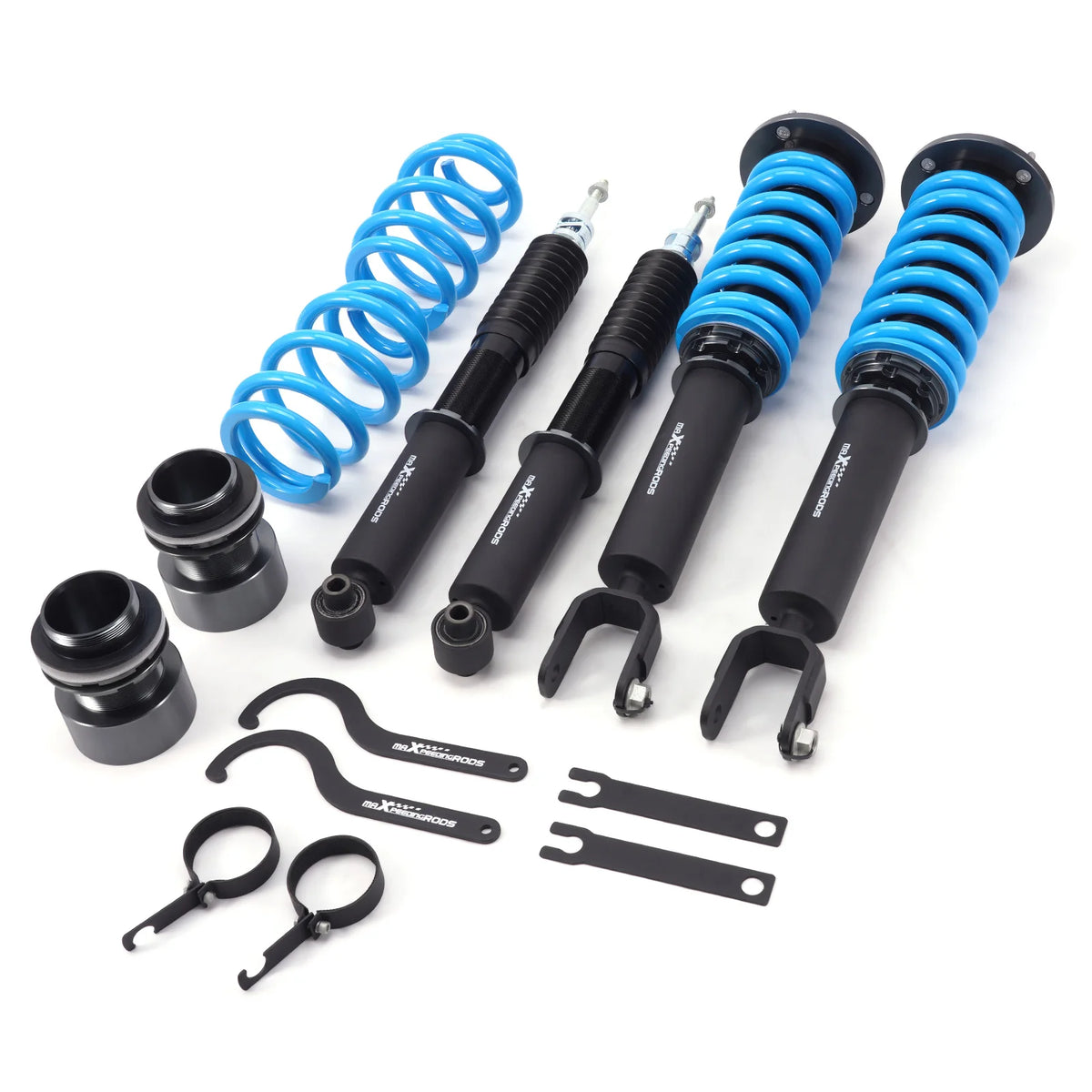 MaXpeedingrods T6 coilovers with black bodies and blue springs for Jaguar XE RWD