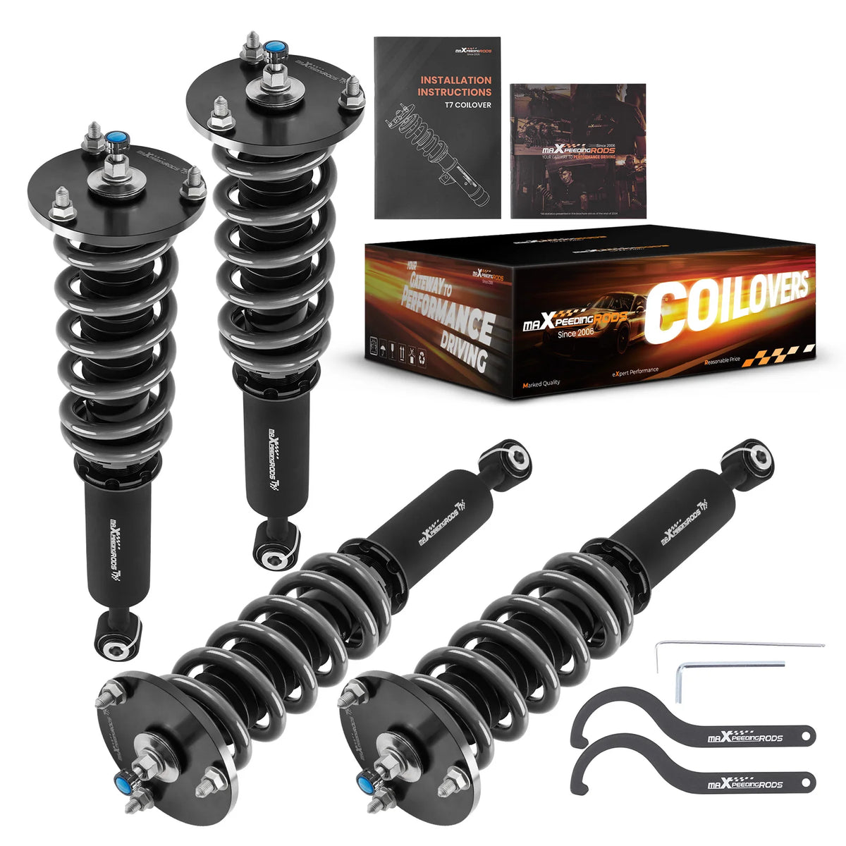 MaXpeedingrods T7 coilovers with black bodies and grey springs for Lexus LS430 UCF30