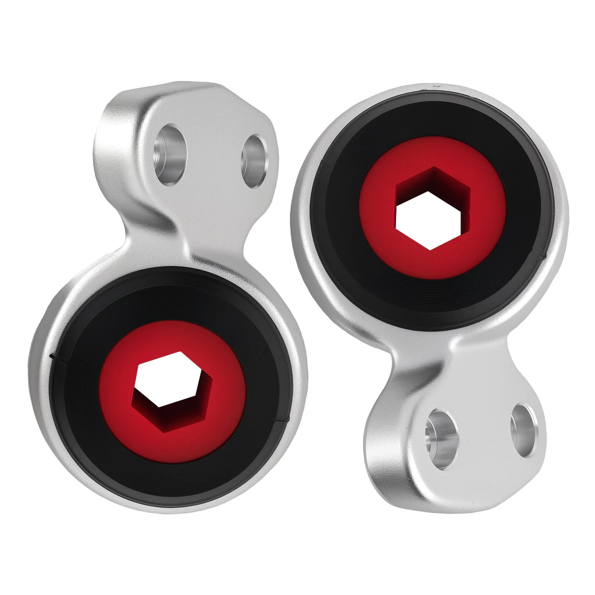 Pair of silver aluminum front lower control arm bushings with polyurethane inserts for the BMW E46