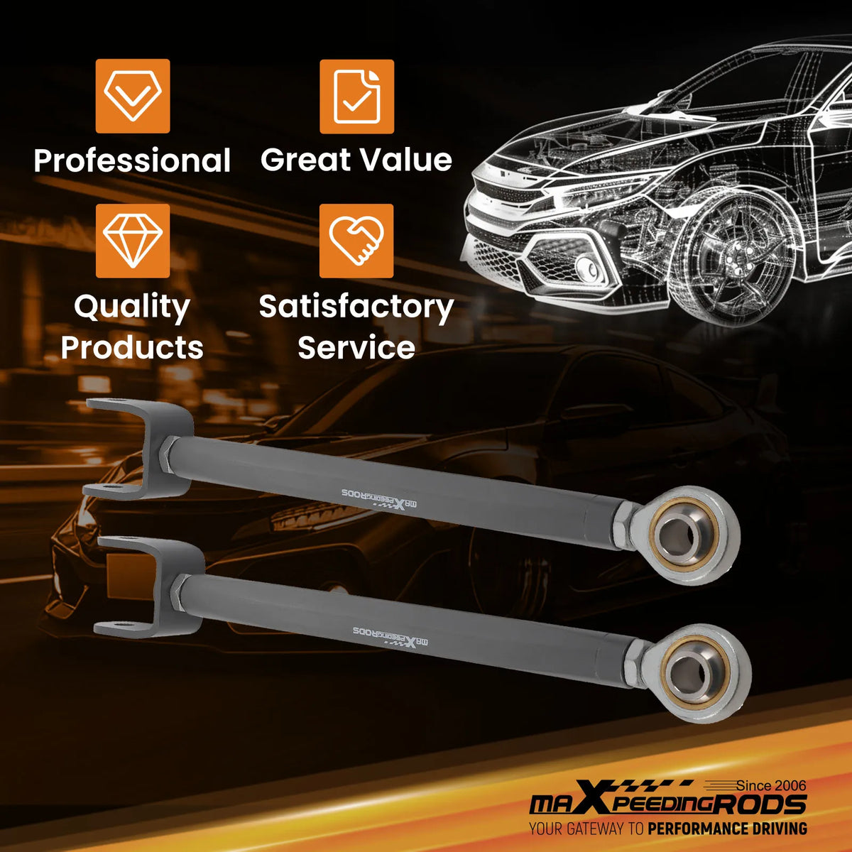2003-2009 Nissan 350Z Z33, 2003-2007 Infiniti G35 Adjustable Rear Toe Arms, Heim Joint, Steel, Pair