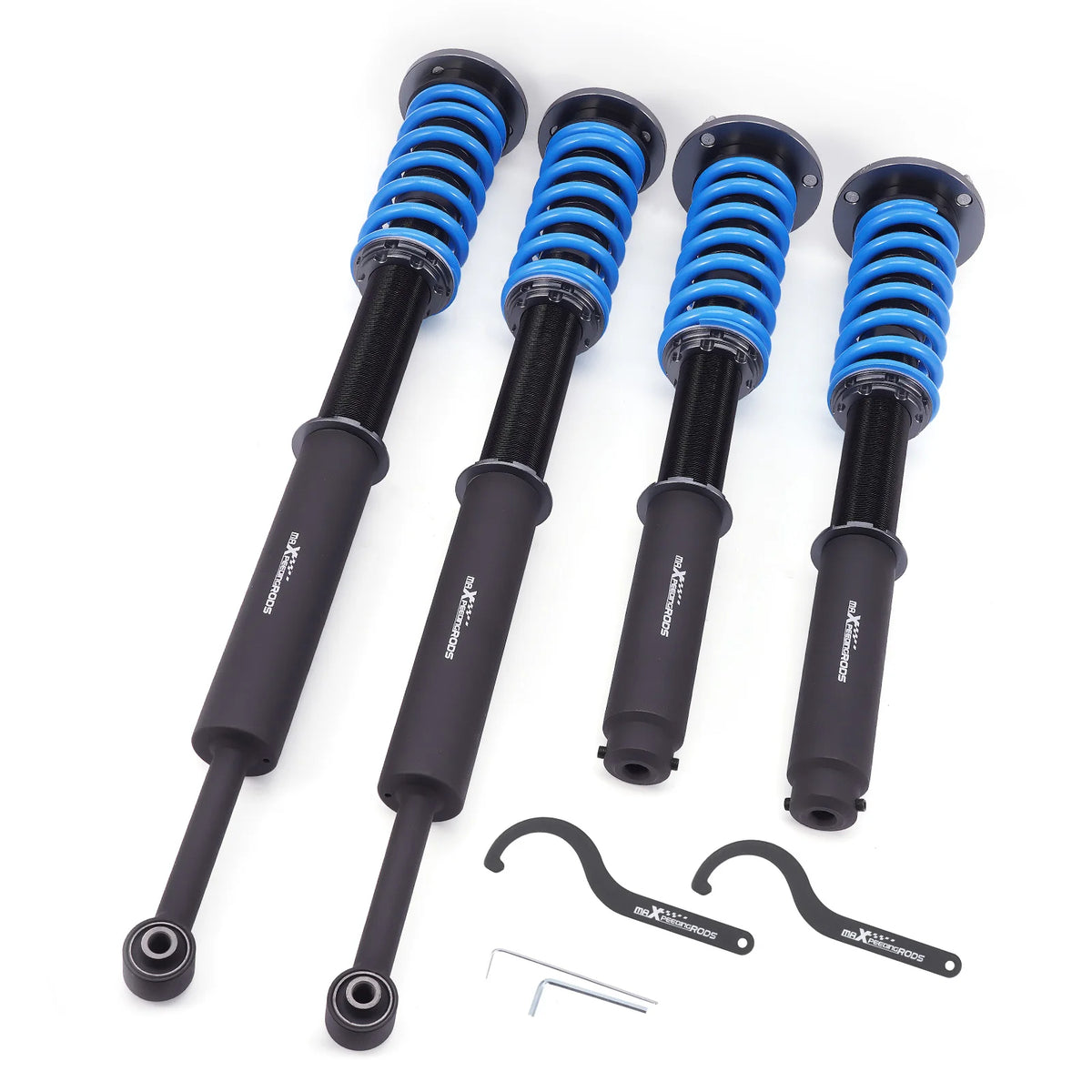 MaXpeedingrods T6 coilovers in black with blue springs for the Mercedes-Benz S-Class W220