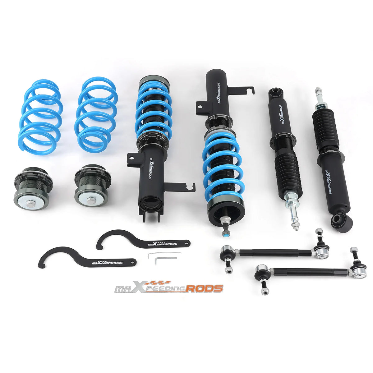 MaXpeedingrods T6 coilovers with blue springs and black bodies for 2014-2020 Chevrolet Impala and 2013-2015 Malibu