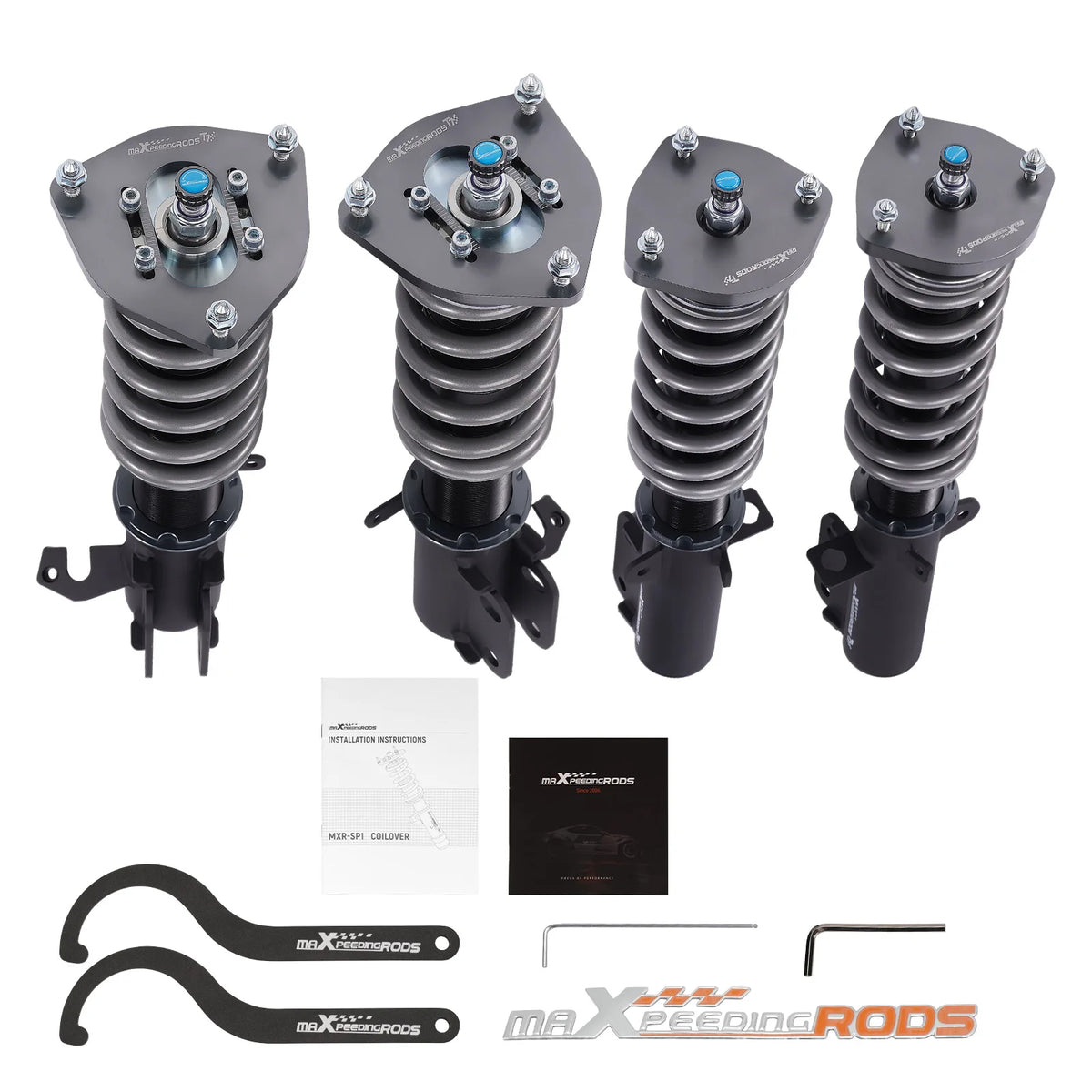 MaXpeedingrods T7 coilovers with black bodies and grey springs for 1987-2002 Toyota Corolla E90 E100 E110