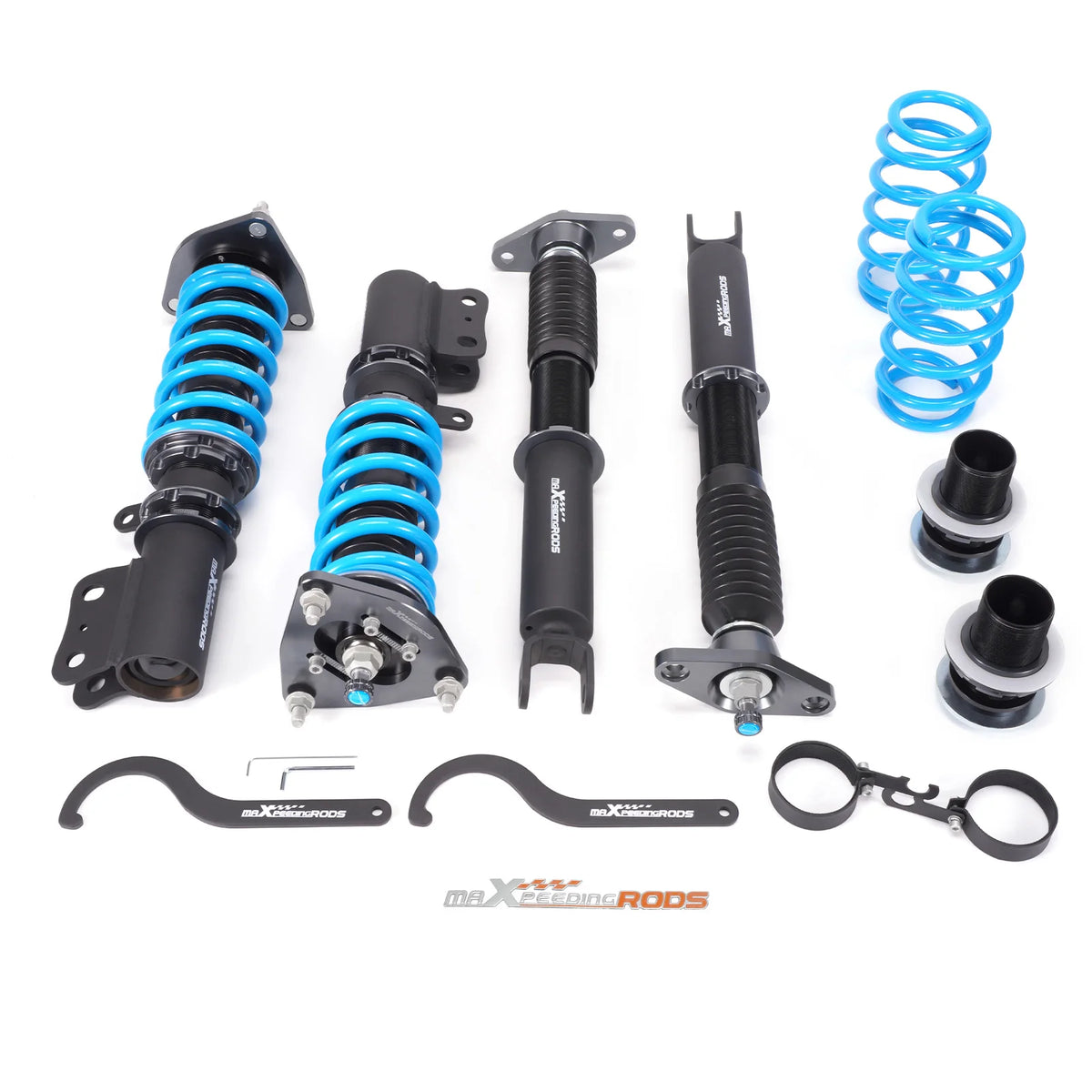 MaXpeedingrods T6 coilovers with front camber plates and blue springs for 2007-2010 Hyundai Elantra HD sedan