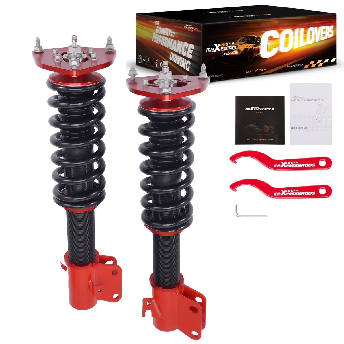 MaXpeedingrods front coilovers with red bodies and black springs for 1998-2003 Subaru Legacy Outback