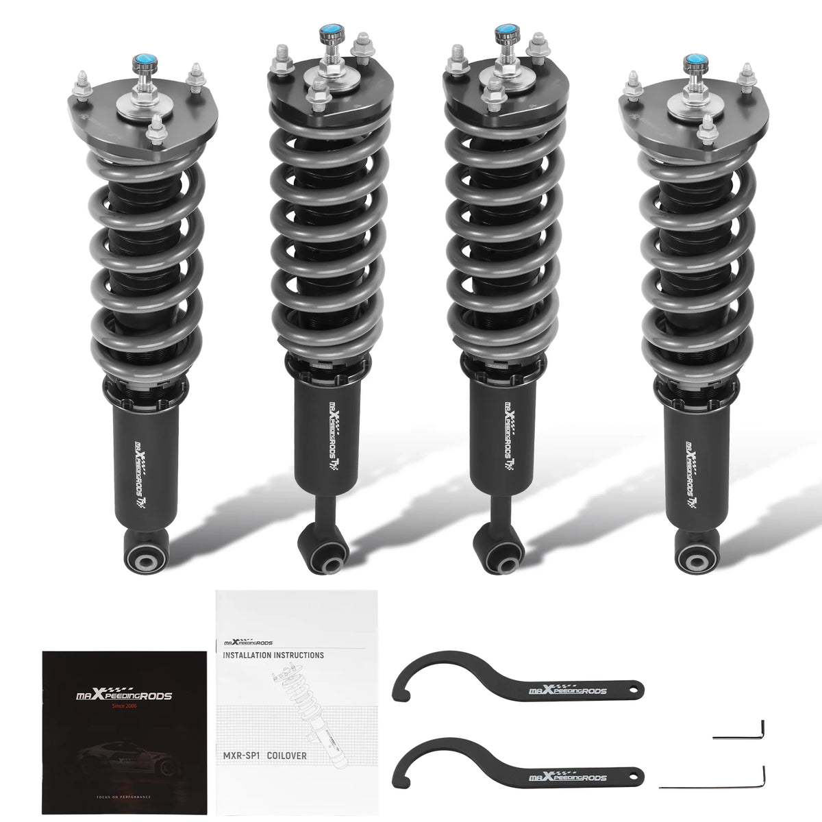 MaXpeedingrods T7 coilovers with black bodies and grey springs for Lexus IS300 and Toyota Altezza