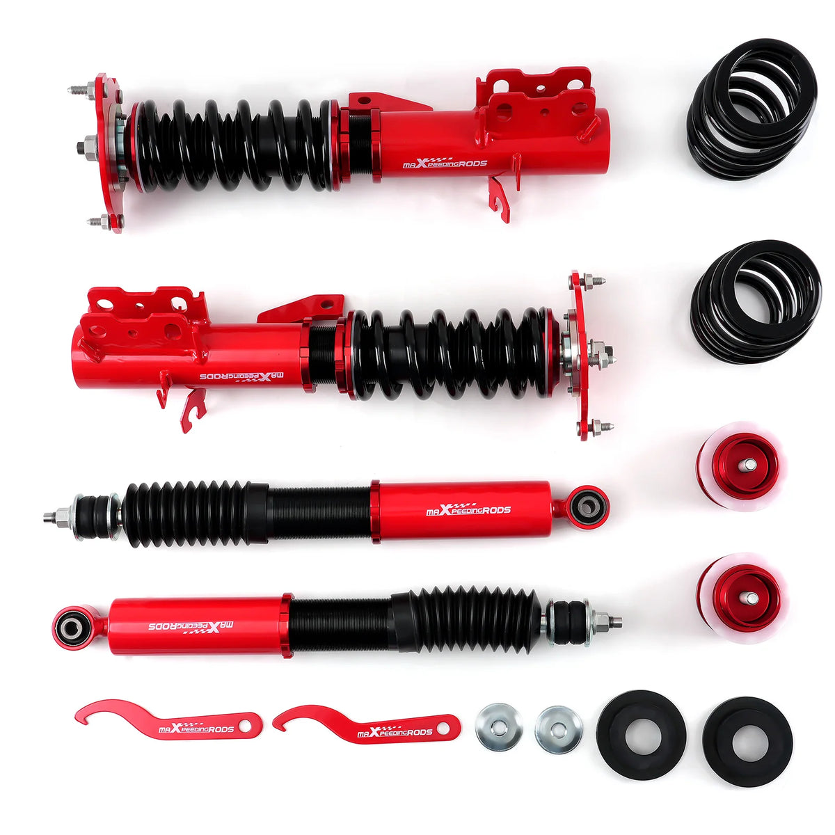 MaXpeedingrods street coilovers with red bodies and black springs for Nissan Versa and Nissan Cube Z12