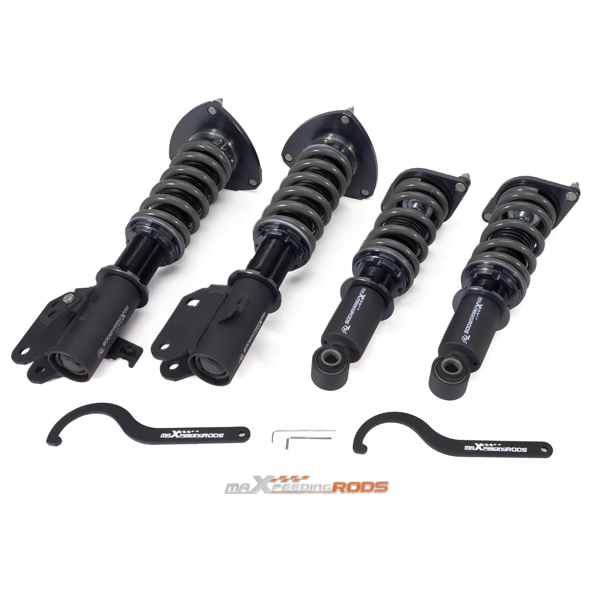 MaXpeedingrods T7 coilovers with grey springs and black bodies for 2015-2021 Subaru WRX and STI