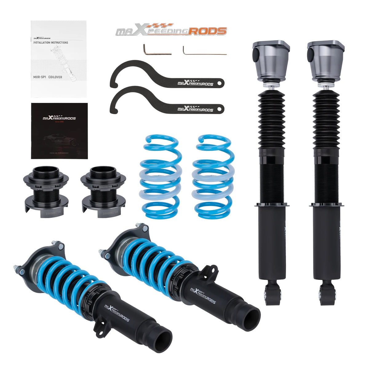MaXpeedingrods T6 coilovers with front camber plates and blue springs for 2016-2021 Honda Civic FK hatchback