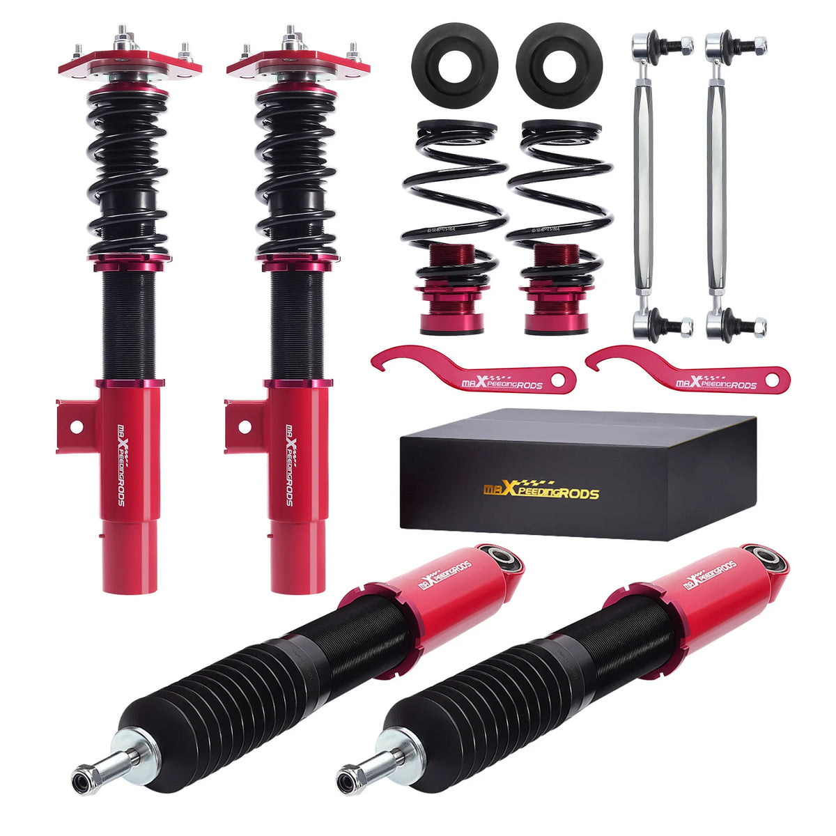 MaXpeedingrods coilovers with red bodies and black springs for VW Jetta Mk5, Mk6 and Golf Mk5, Mk6