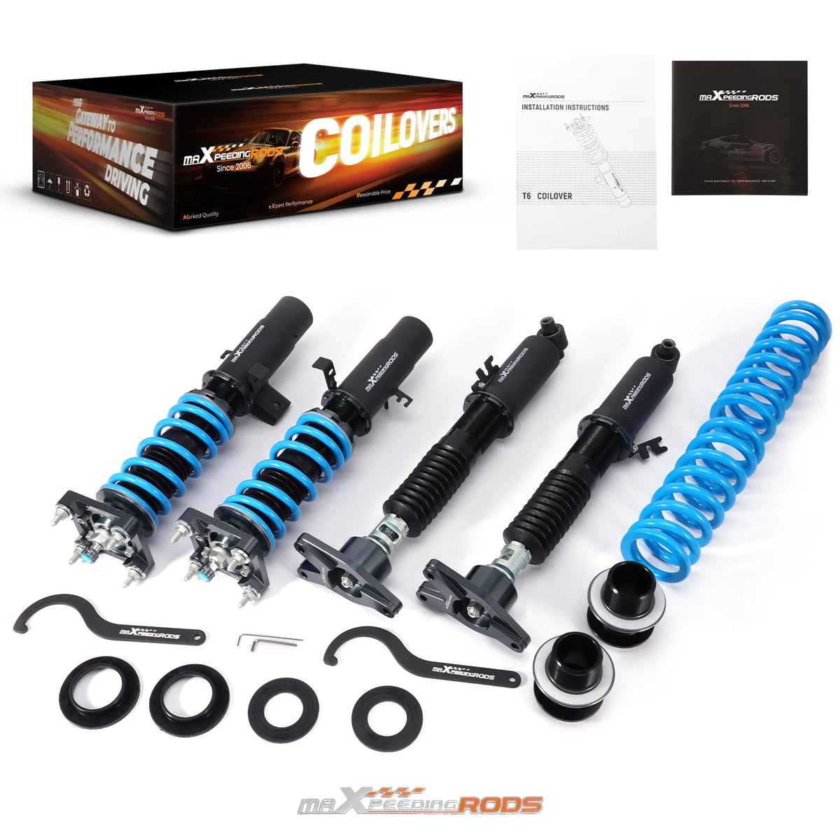 MaXpeedingrods T6 coilovers with blue springs and black bodies for Toyota GR Supra A90 and BMW Z4