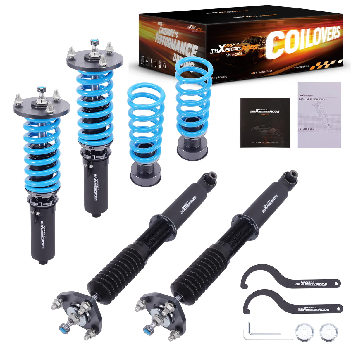MaXpeedingrods T6 coilovers in black with blue springs for the 2015-2025 Lexus RC350 AWD XC10