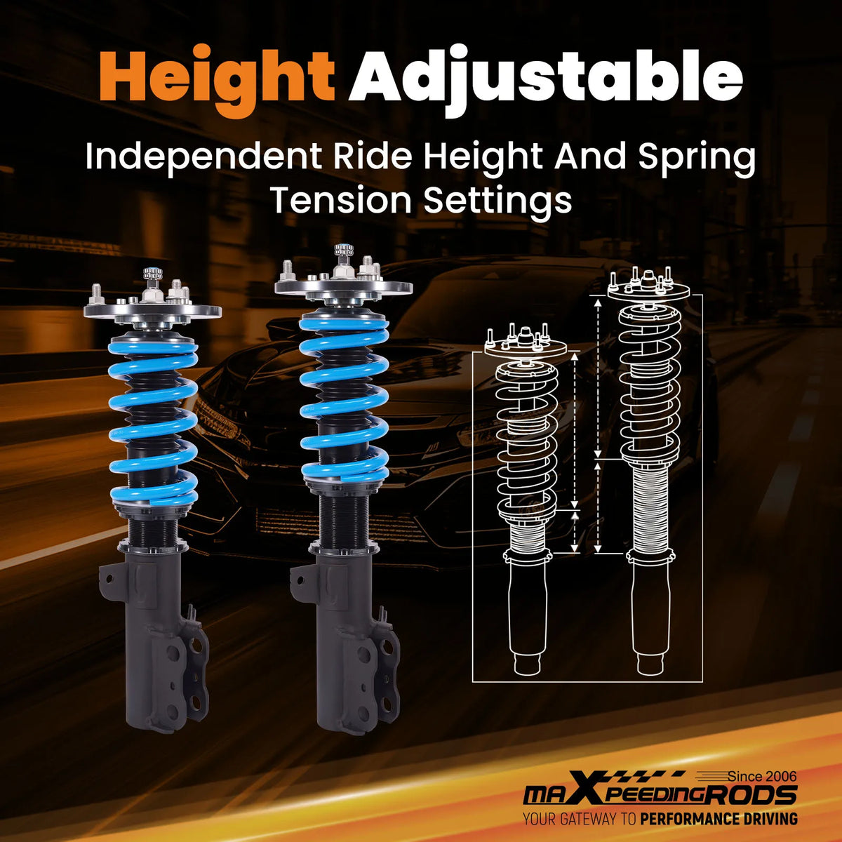 MaXpeedingrods T6 coilovers with black bodies, blue springs and camber plates for Toyota Camry and Lexus ES300