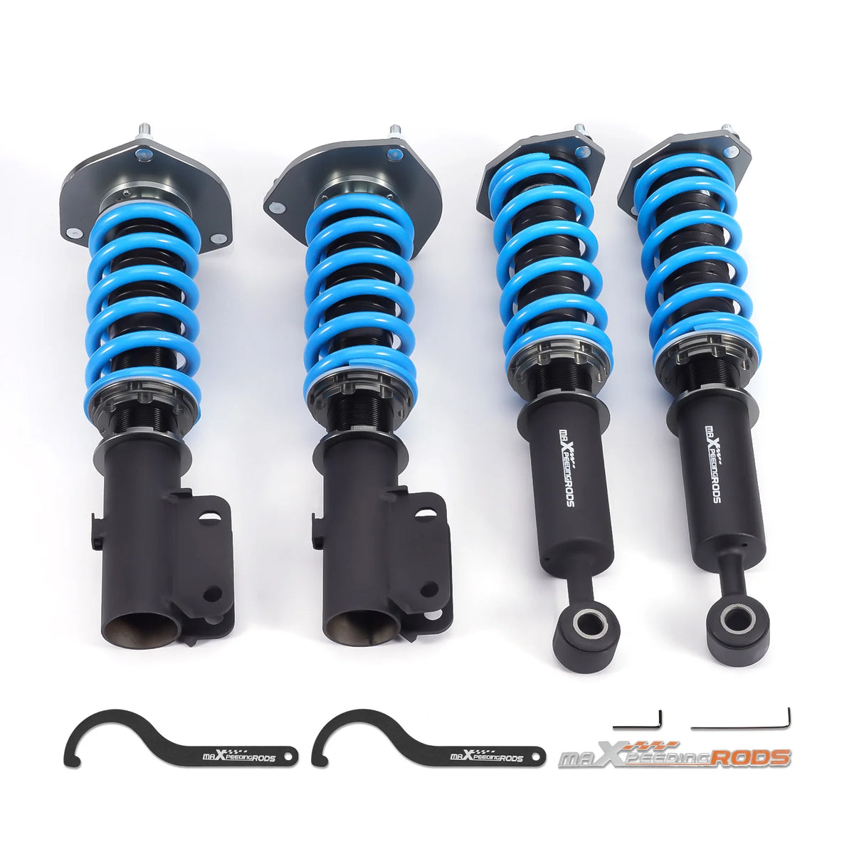 MaXpeedingrods T6 coilovers in black with blue springs for the Mitsubishi 3000GT VR-4 AWD