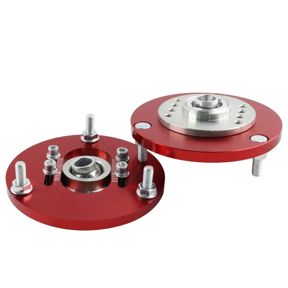 Red aluminum front camber plate top mounts for BMW E36 and E46 coilover suspension