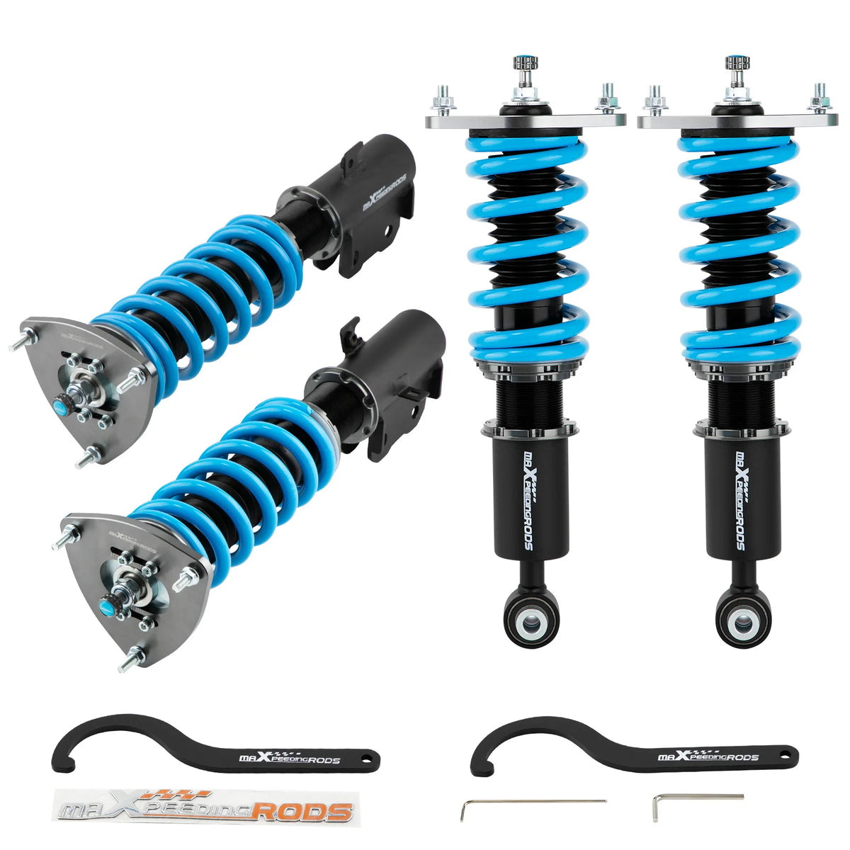 MaXpeedingrods T6 coilovers with front camber plates and blue springs for 2010-2014 Subaru Outback