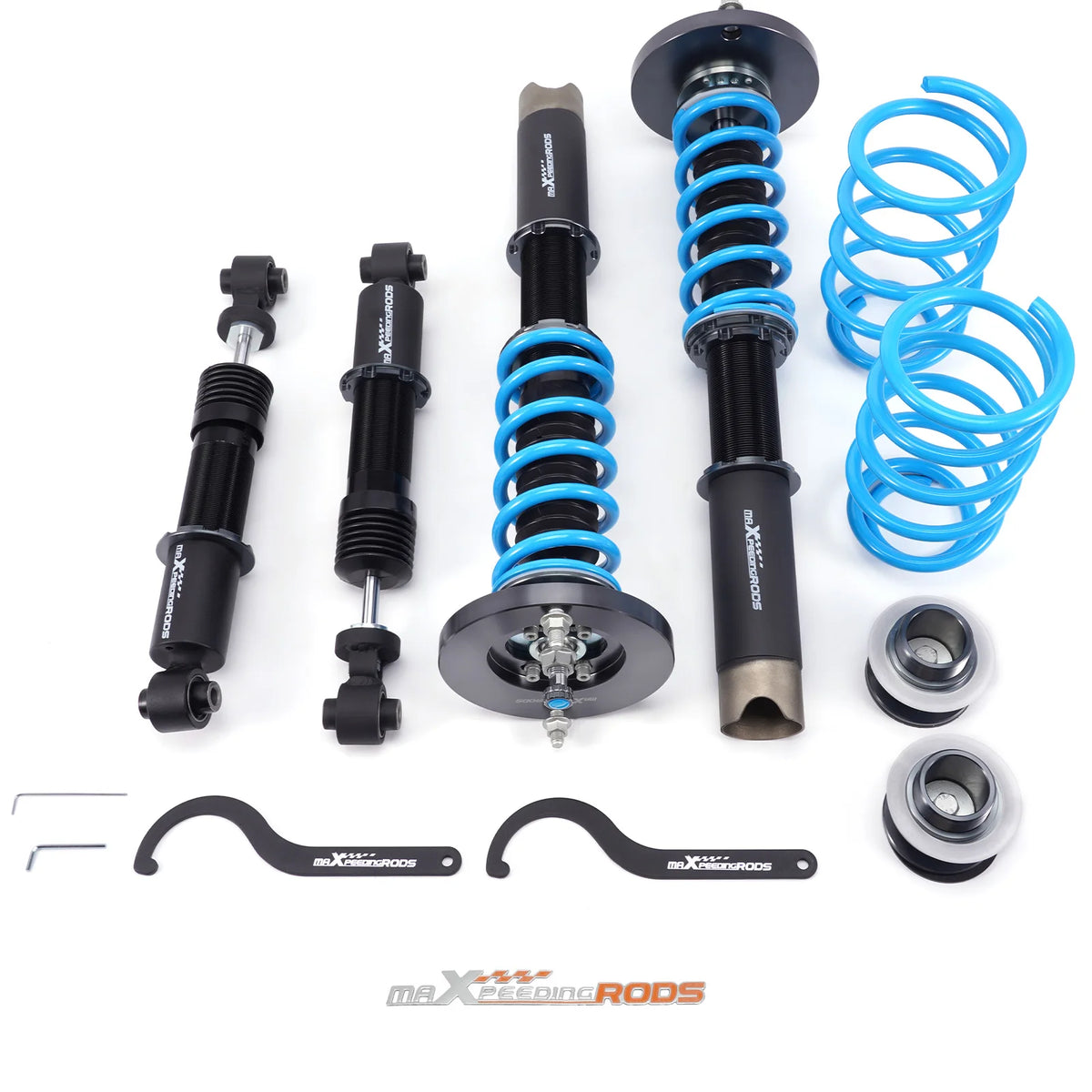 MaXpeedingrods T6 coilovers with front camber plates and blue springs for Volvo 940 and 740 RWD