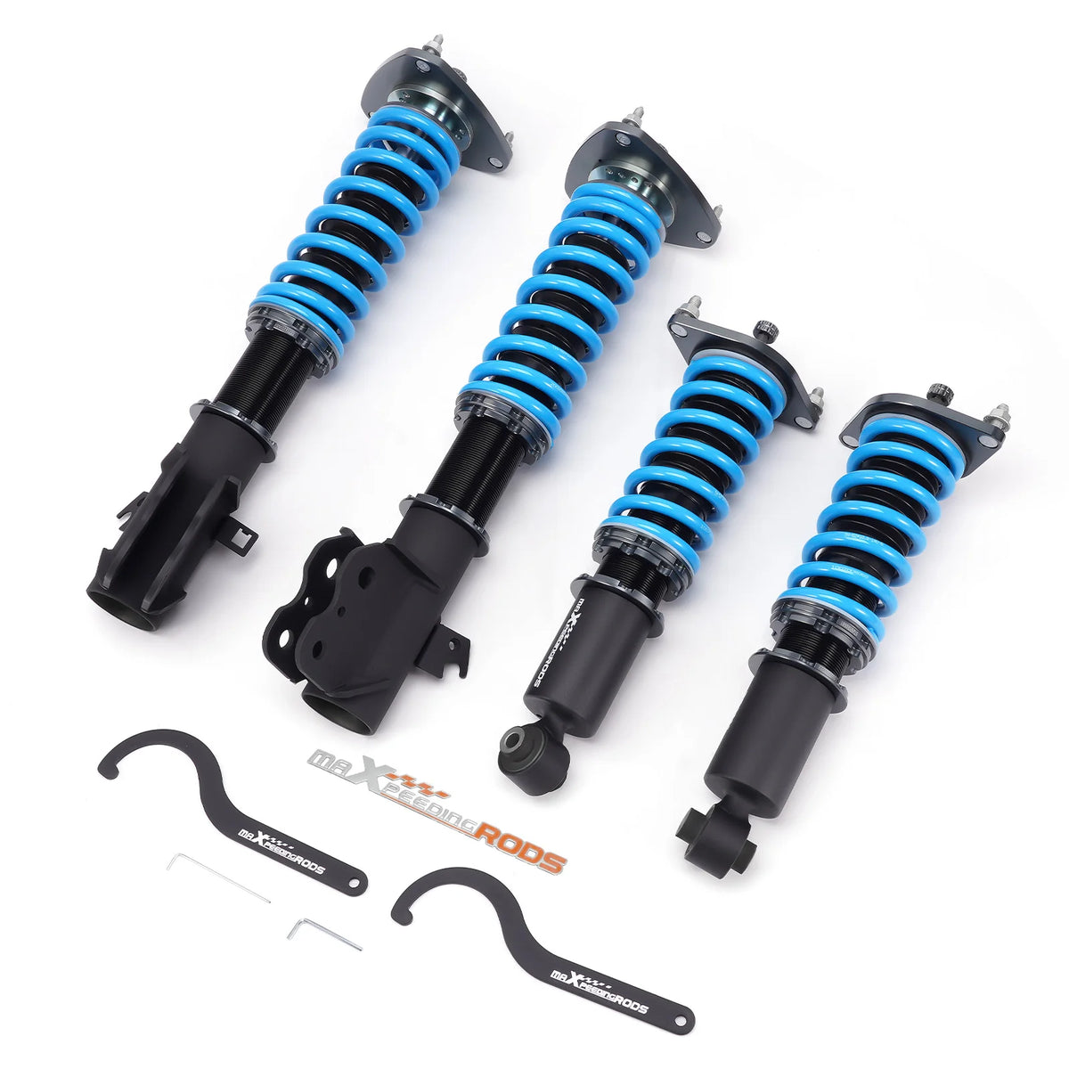 MaXpeedingrods T6 coilovers with black bodies and blue springs for the 2010-2014 Subaru Legacy BM