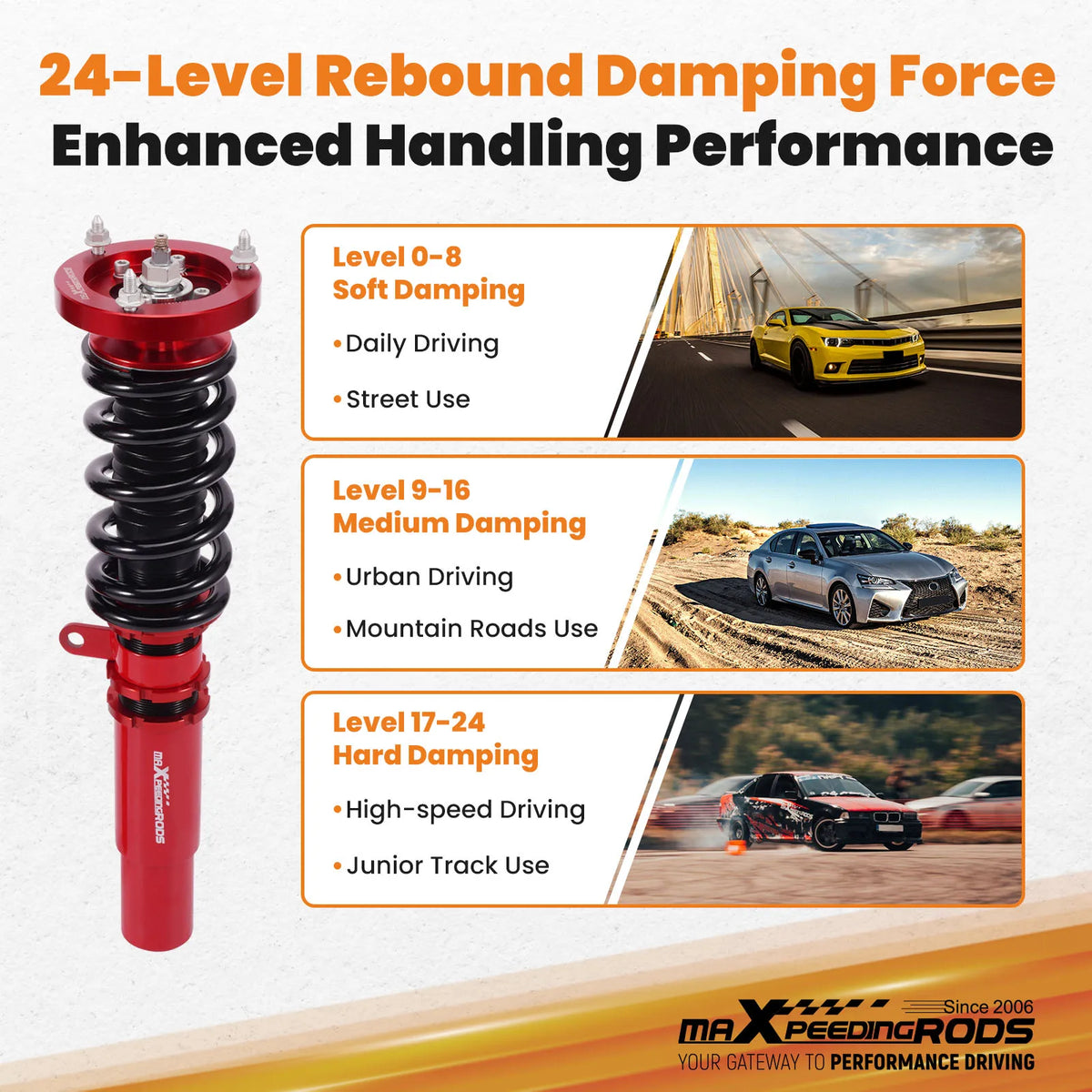 MaXpeedingrods coilovers with red bodies, black springs and front camber plates for BMW 5 Series E39