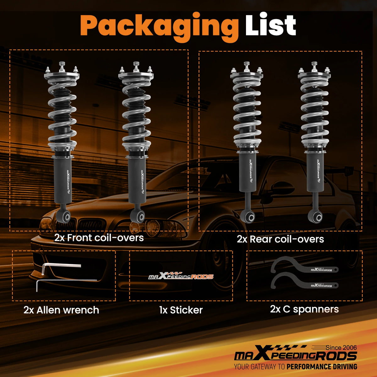 MaXpeedingrods T7 Coilovers, 24-Way Damping, for Lexus IS300 2001-2005, IS200 and Toyota Altezza SXE10 GXE10