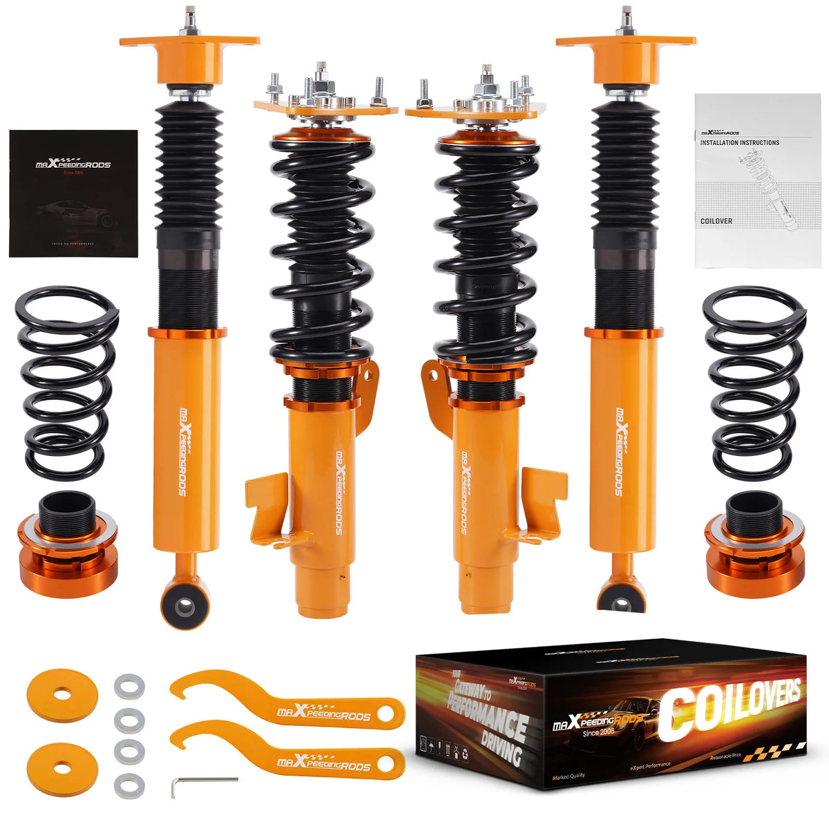 MaXpeedingrods coilovers with gold bodies and black springs for Mazda 3, Mazdaspeed 3 and Mazda5