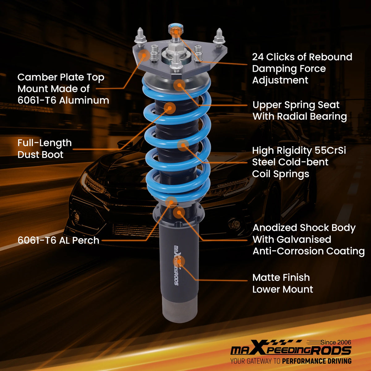 MaXpeedingrods T6 Coilovers for Toyota Corolla AE86 1983-1987, 24-Way Adjustable Damping, Camber Plates