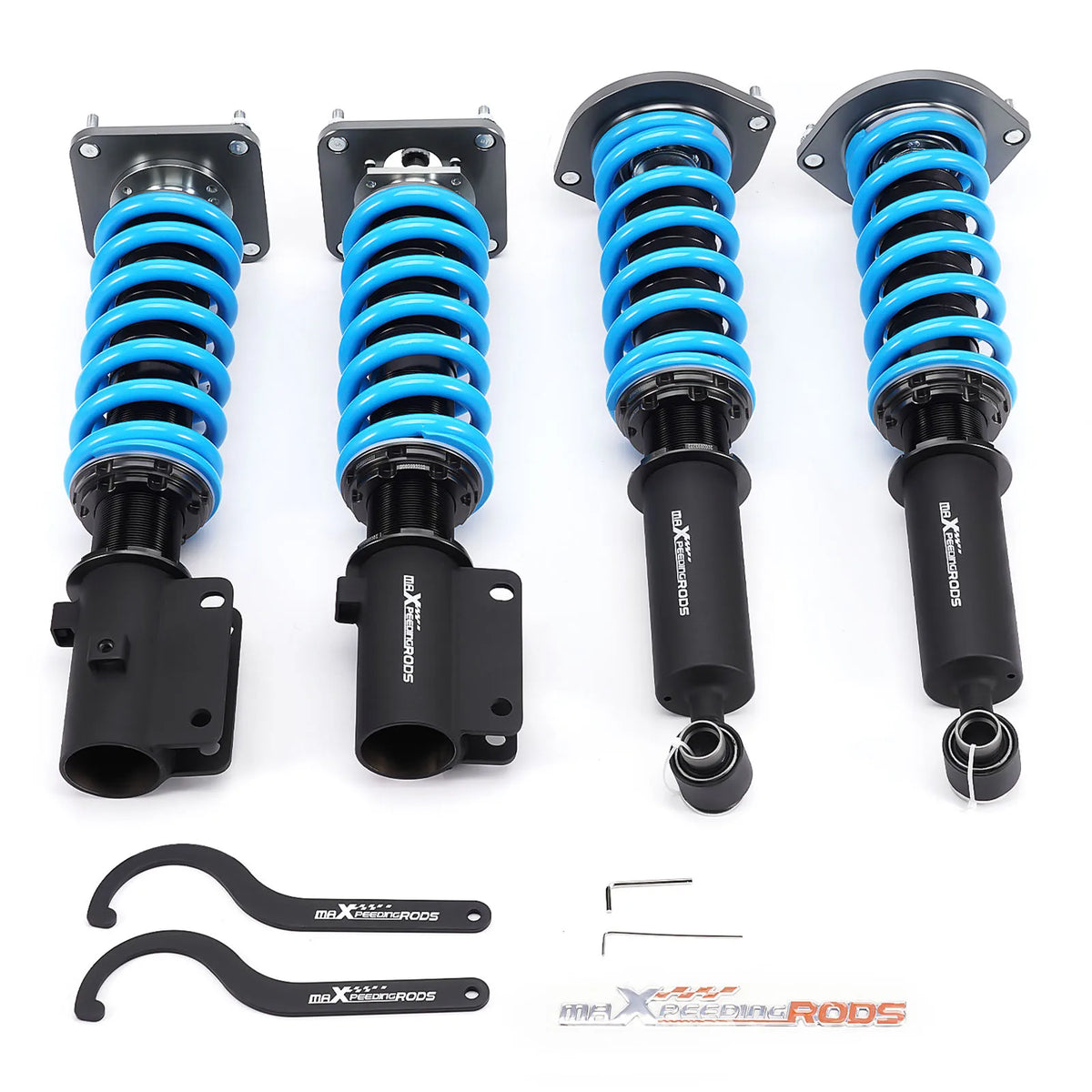 MaXpeedingrods T6 coilovers in black with blue springs for the 1985-1992 Mazda RX-7 FC3S