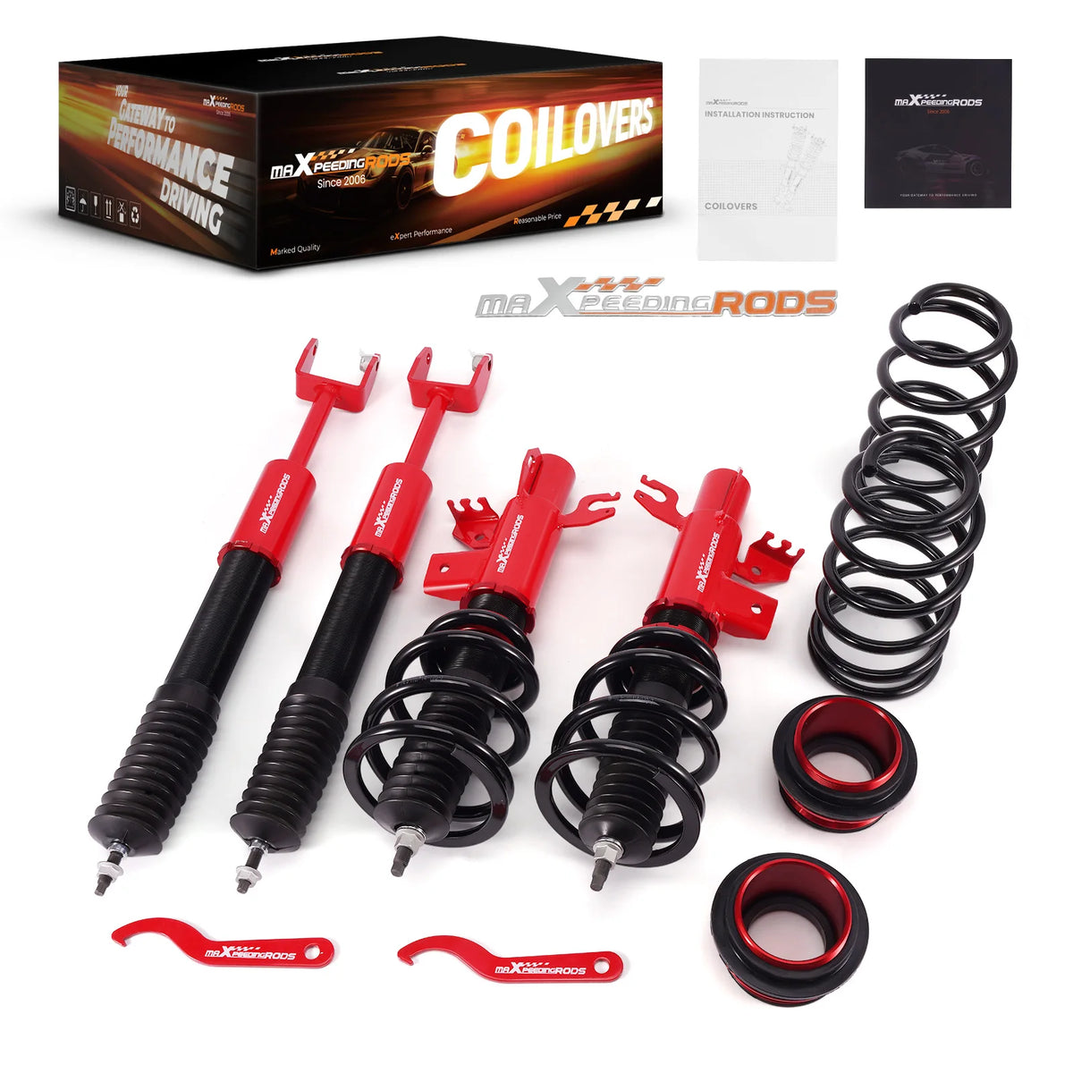 MaXpeedingrods street coilovers with red bodies and black springs for 2013-2016 Dodge Dart