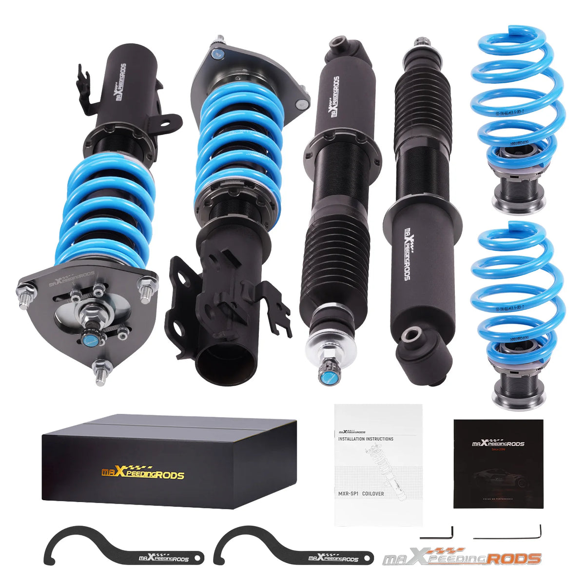 MaXpeedingrods COT6 coilovers with black bodies and blue springs for Scion tC AGT20
