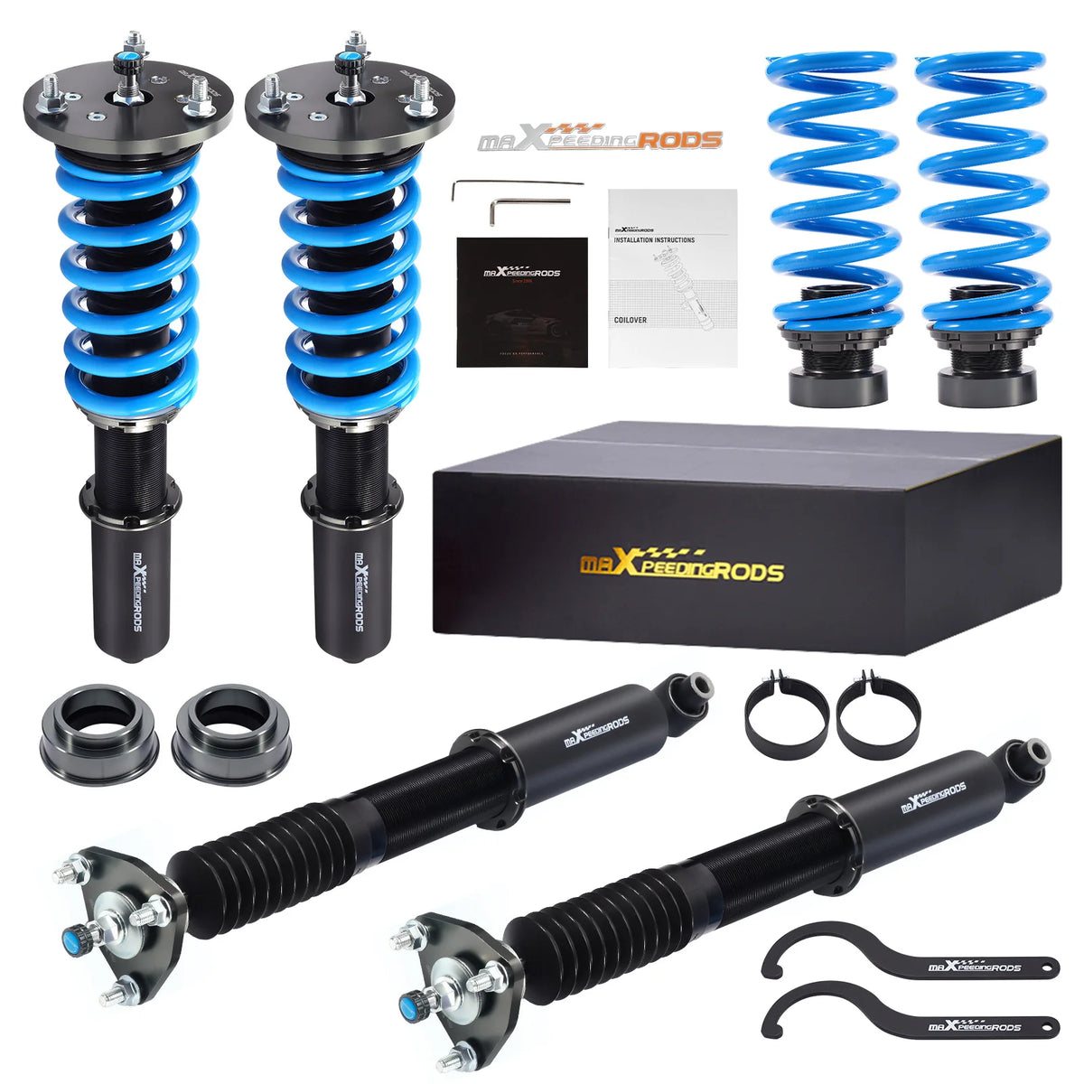 MaXpeedingrods T6 coilovers in black with blue springs for the Lexus GS350 AWD GRL15 and IS AWD XE30