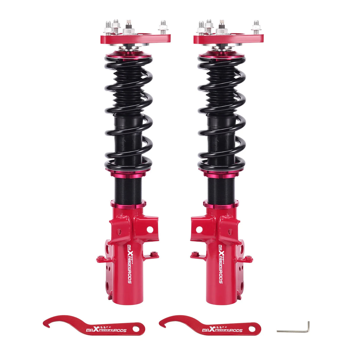 Pair of MaXpeedingrods front coilovers in red with black springs for the 2015-2023 Ford Mustang S550