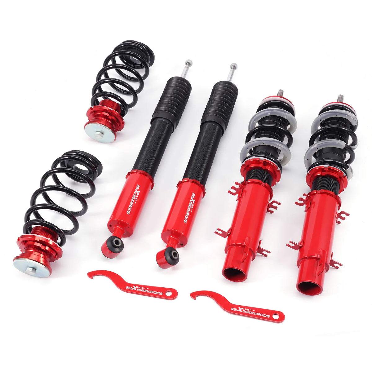 MaXpeedingrods coilovers with red bodies and black springs for VW Golf and Jetta MK4, New Beetle and SEAT Leon