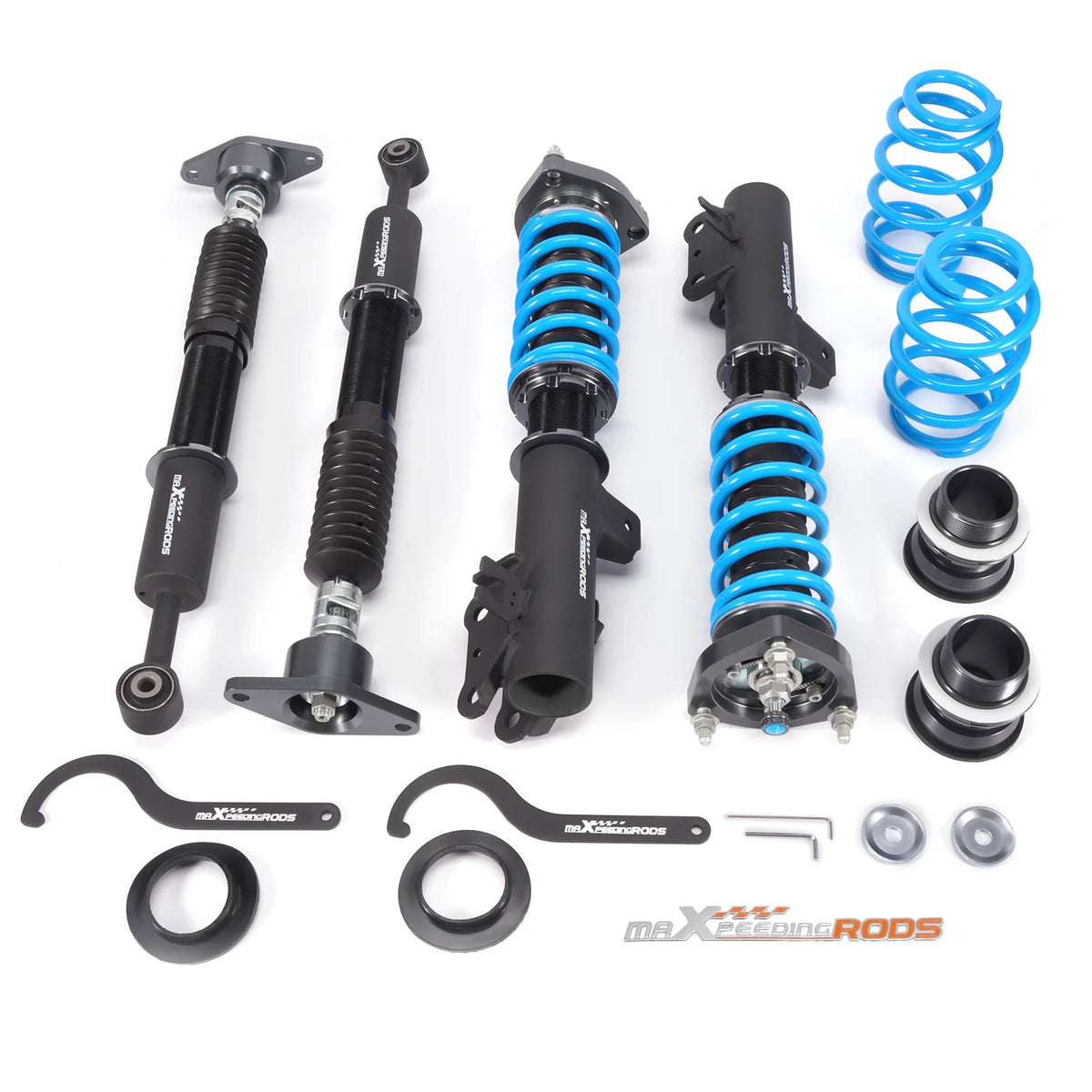 MaXpeedingrods T6 coilovers with black bodies, blue springs and front camber plates for Mazda CX-3 DK