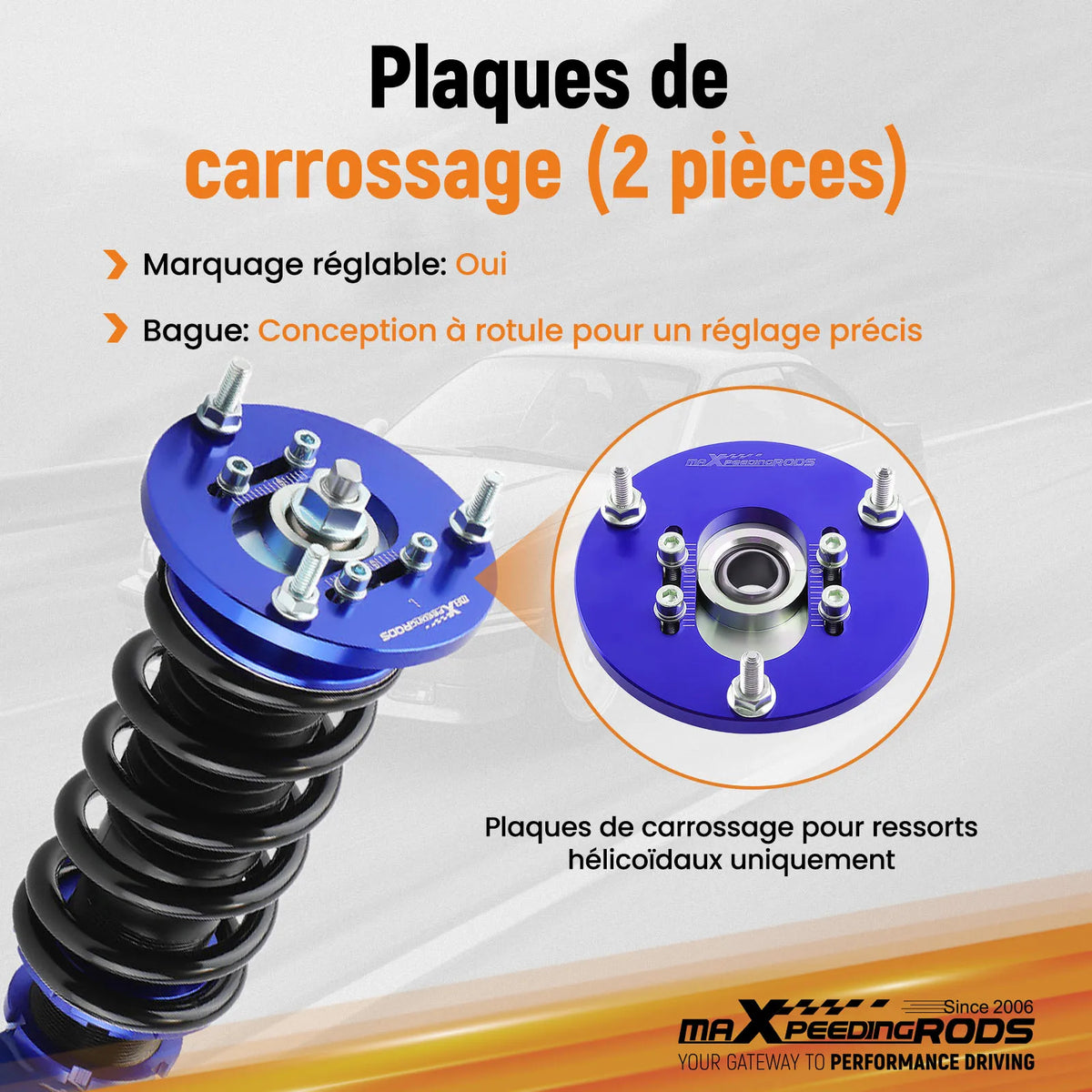 1998-2007 BMW 3 Series E46 Front Coilover Camber Plates, Pillow Ball Upper Mounts, Blue
