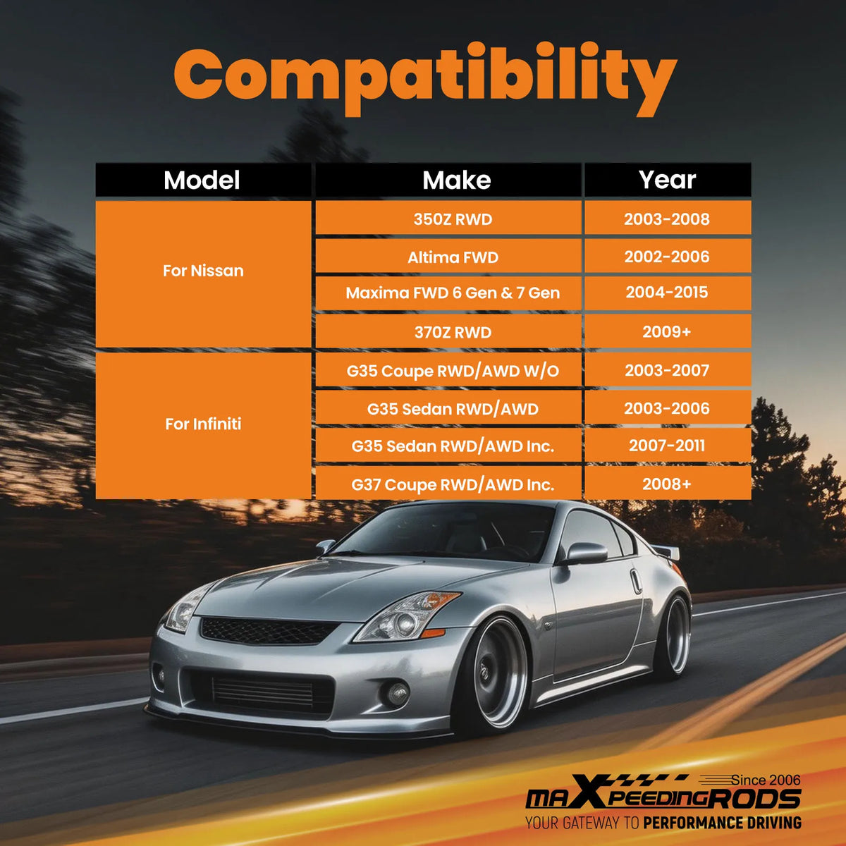 Nissan 350Z Z33, 370Z, Infiniti G35, G37, Altima, Maxima Adjustable Rear Camber Arms, -3 to +3 Degrees, Steel