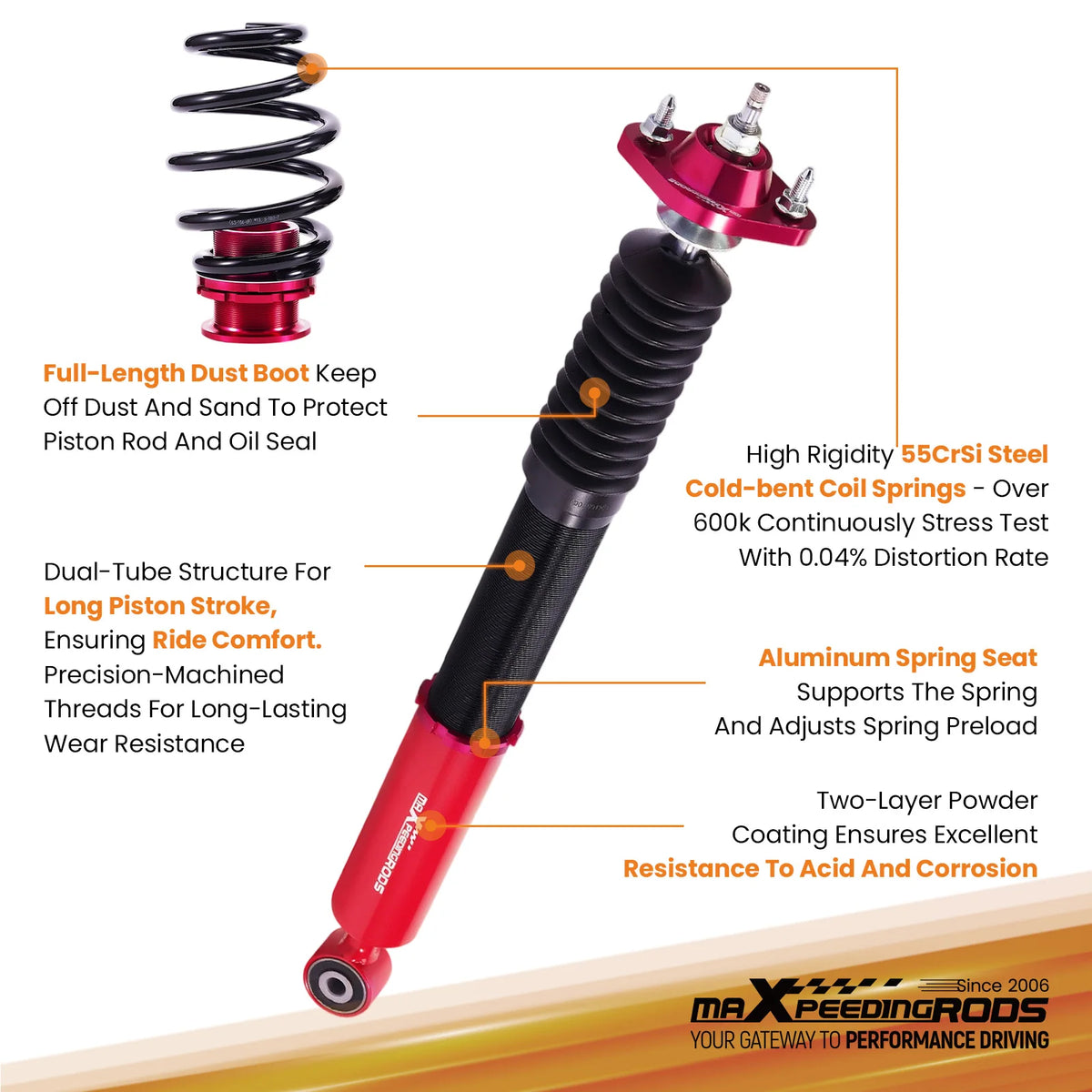 MaXpeedingrods 1998-2007 BMW 3 Series E46 Rear Coilovers, 24-Way Adjustable Damping, Height Adjustable, Red