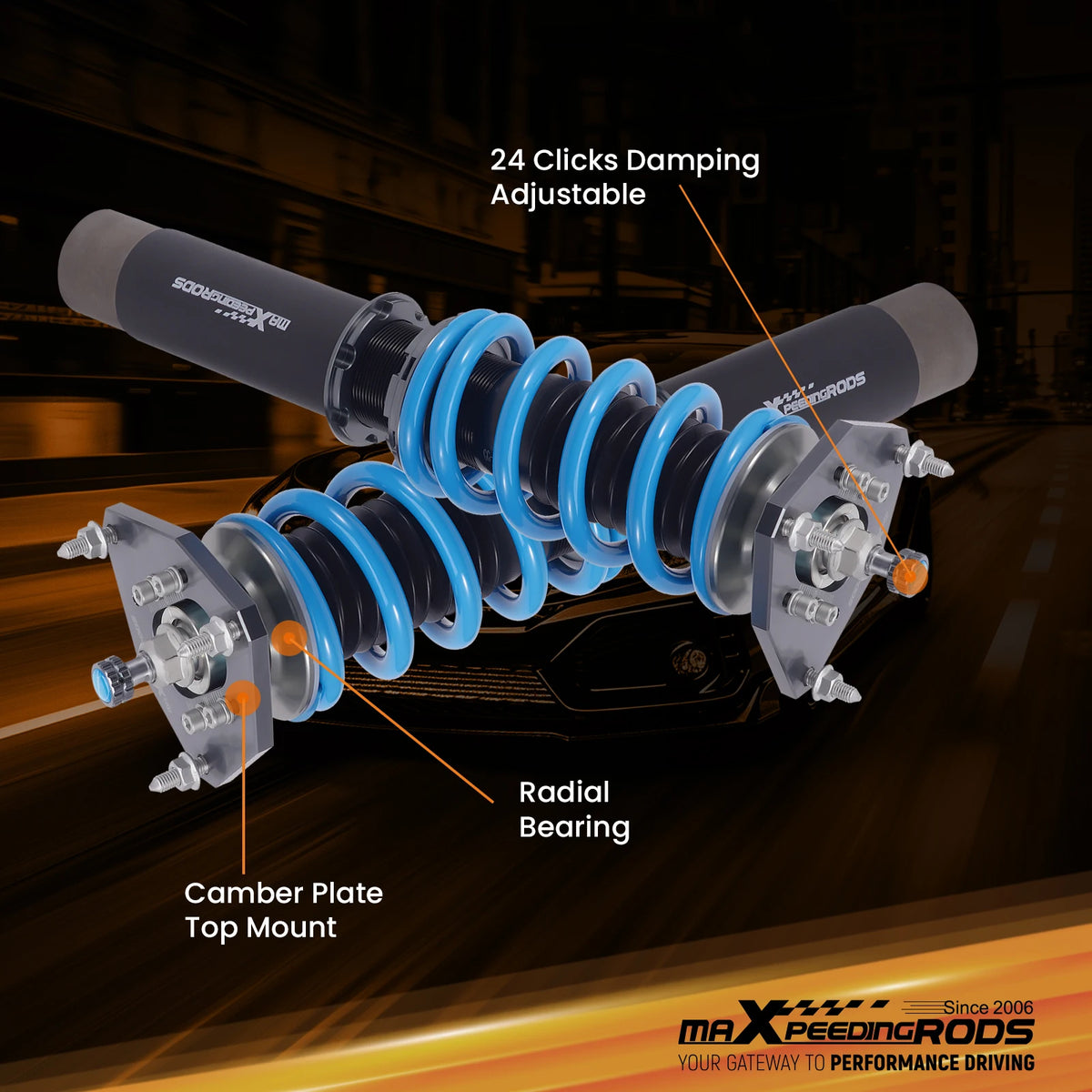 MaXpeedingrods T6 Coilovers for Toyota Corolla AE86 1983-1987, 24-Way Adjustable Damping, Camber Plates
