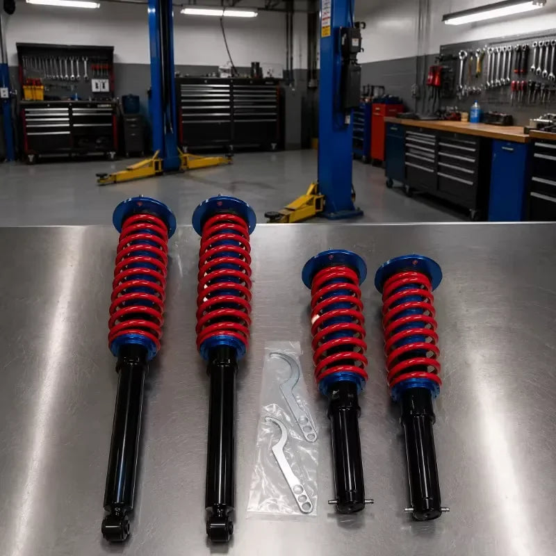 Air suspension to coilover conversion strut with red coil spring and gas-filled shock for Mercedes-Benz W221 4Matic