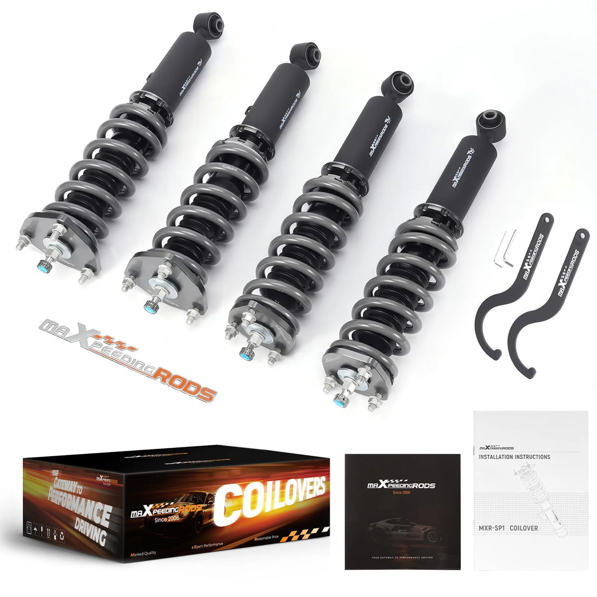 MaXpeedingrods T7 coilovers with black bodies and grey springs for the Lexus GS300, GS400 and GS430