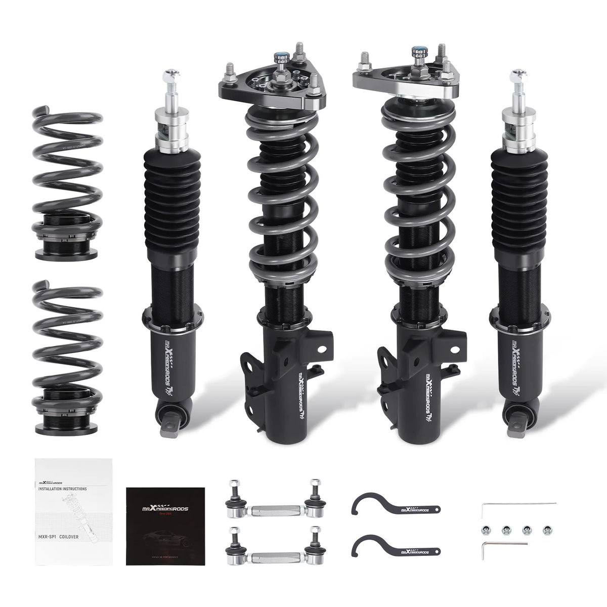 MaXpeedingrods T7 coilovers in black with grey springs for the 2015-2023 Ford Mustang S550