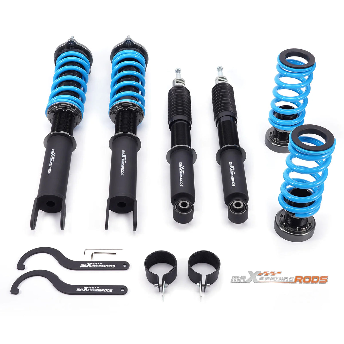 MaXpeedingrods T6 coilovers with blue springs and black bodies for Mercedes-Benz E-Class W211 sedan