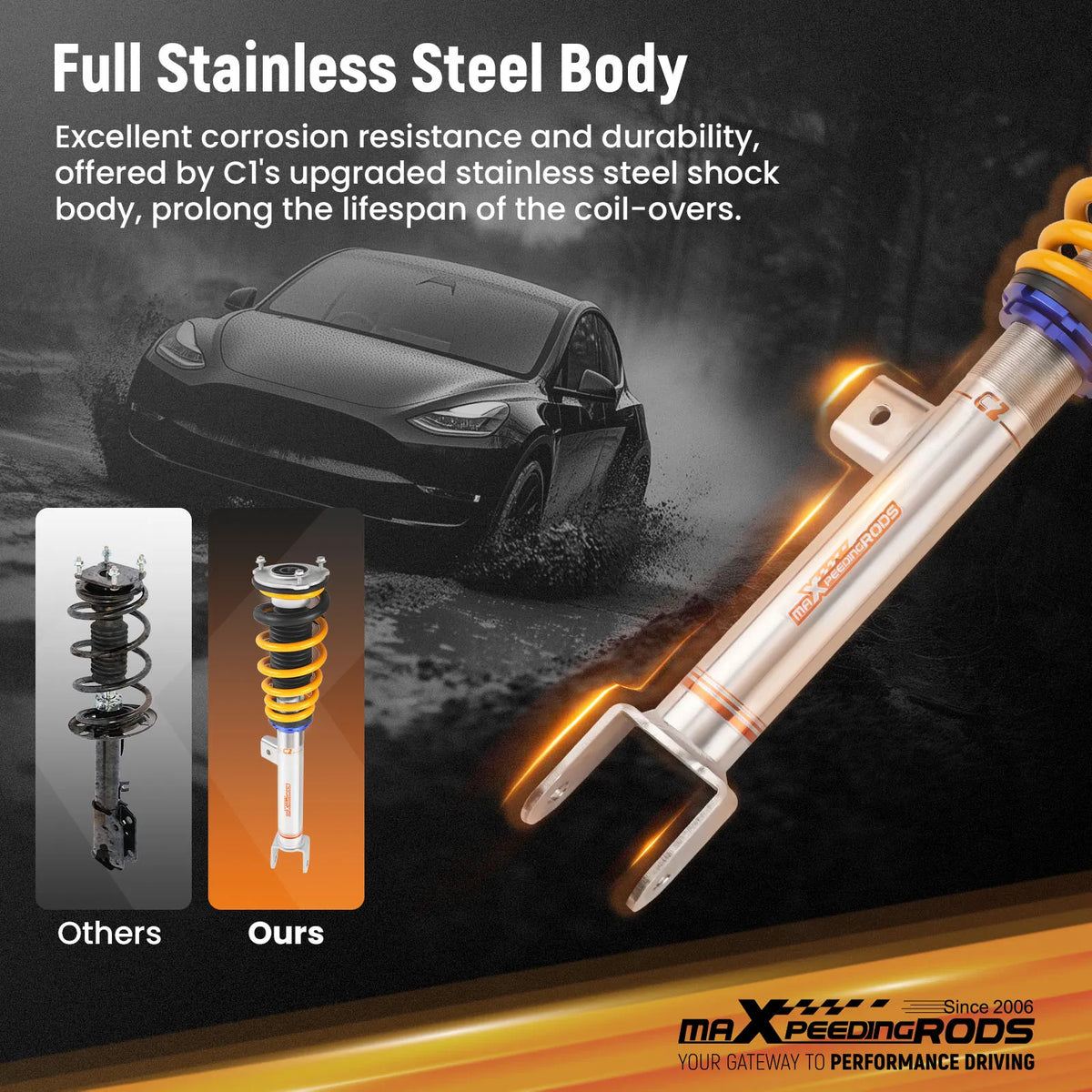 MaXpeedingrods C2 coilovers with yellow Eibach springs and silver bodies for Tesla Model 3 RWD