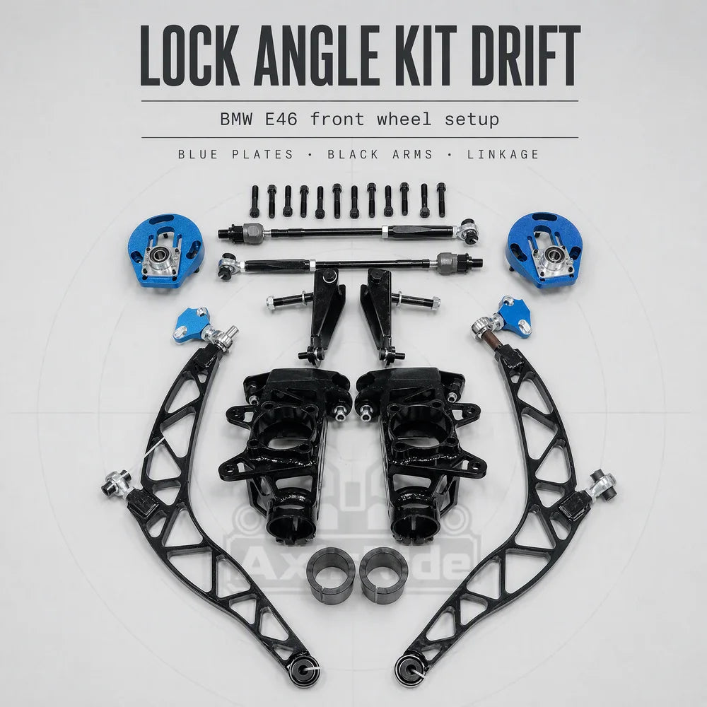BMW E46 Front Drift Steering Angle Kit, Up to 72 Degrees Lock, Adjustable Camber, Caster and Roll Center